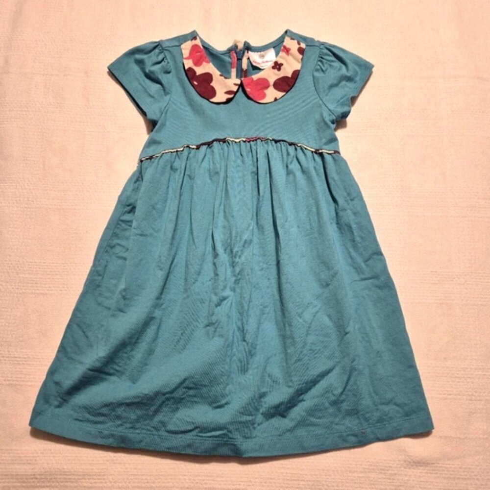 Hanna Andersson girls size 100 or 4 teal dress with Peter Pan collar, VGUC